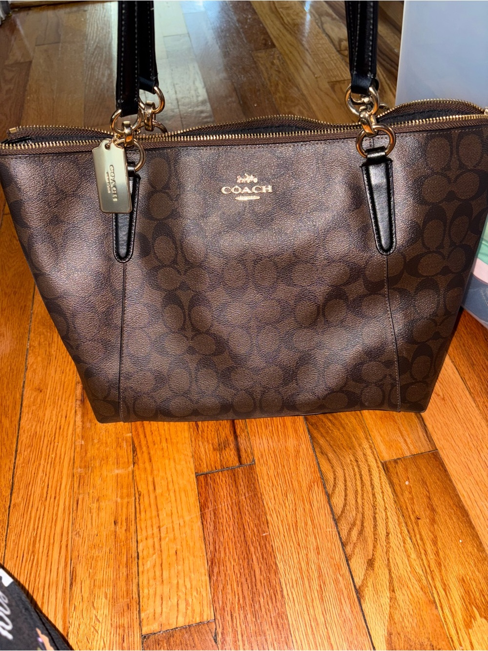 Coach Brown Signature Tote with Black Handles and Gold Hardware
